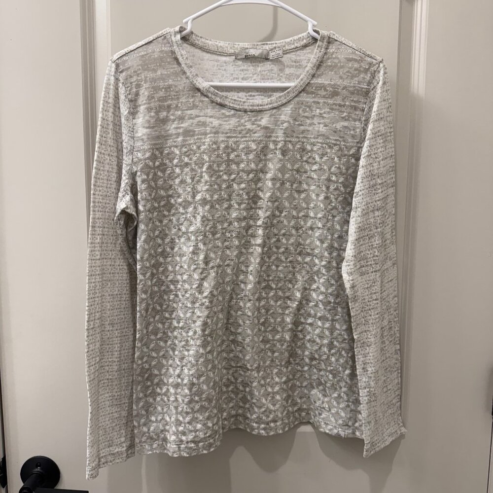 Prana Long Sleeve Top L Brown Gray White Celtic Pattern EUC Yoga Active Casual